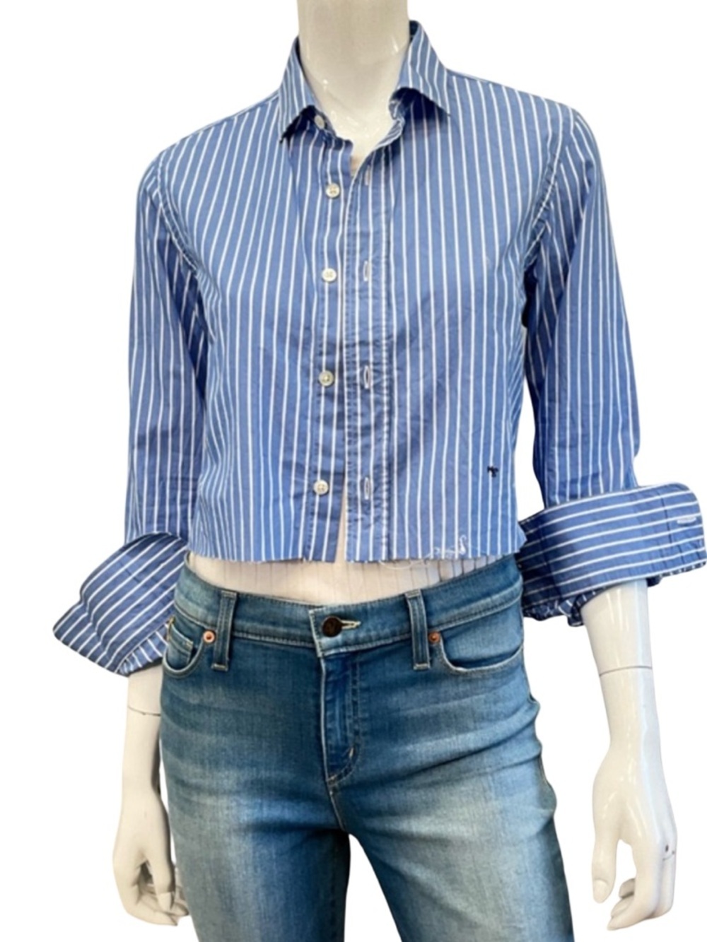 HOMMEGIRLS Blue Pinstripe Cropped Button Down Shirt Italy Classic Stripe Top Sm
